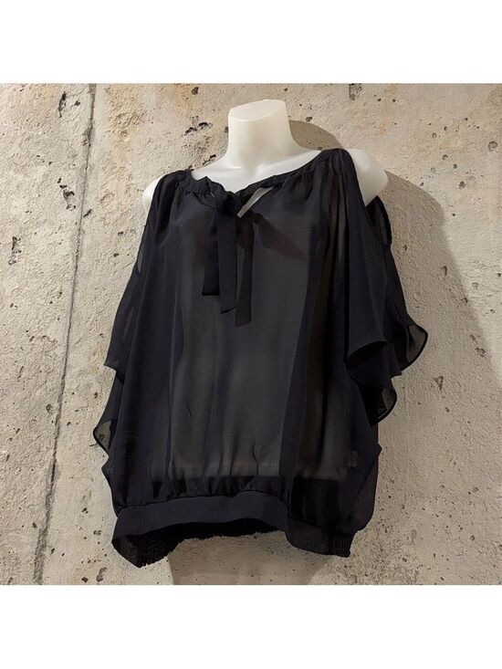 Jennifer Lopez Tops - Jennifer Lopez Gray Sheer Blouse With Cold Shoulder Butterfly Sleeves